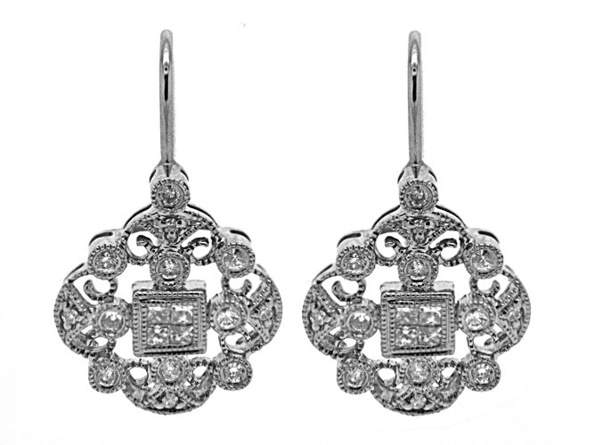 14k diamond filigree princess cut diamond dangle earring (DE6786P)