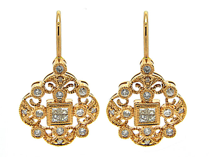 14k diamond filigree princess cut diamond dangle earring (DE6786P)