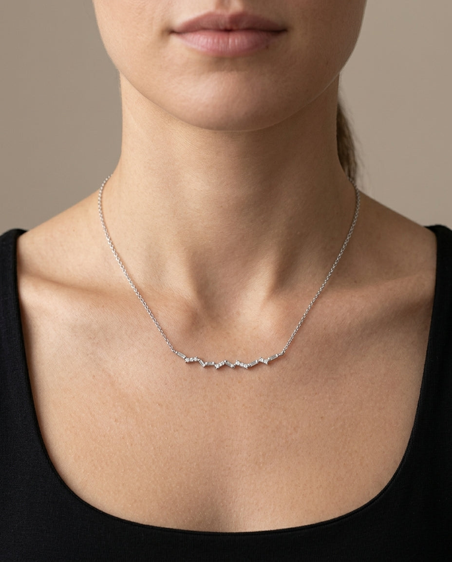 14k white gold diamond zig-zag baguette necklace (DN30539E)