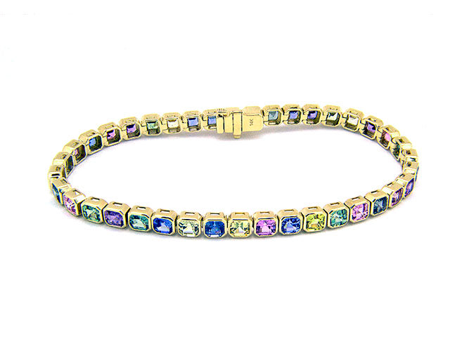 14k yellow gold asscher cut rainbow sapphire bezel set bracelet (MSB30525EY)