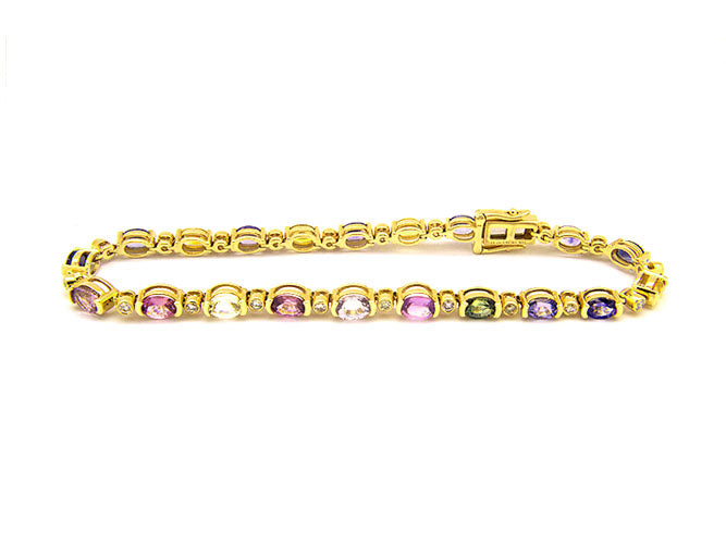 14k yellow gold oval rainbow sapphire and diamond bezel bracelet (MSBKK3PAY)