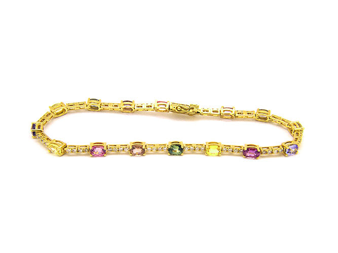 14k yellow gold oval rainbow sapphire and diamond tennis bracelet (MSBKK6PAY)