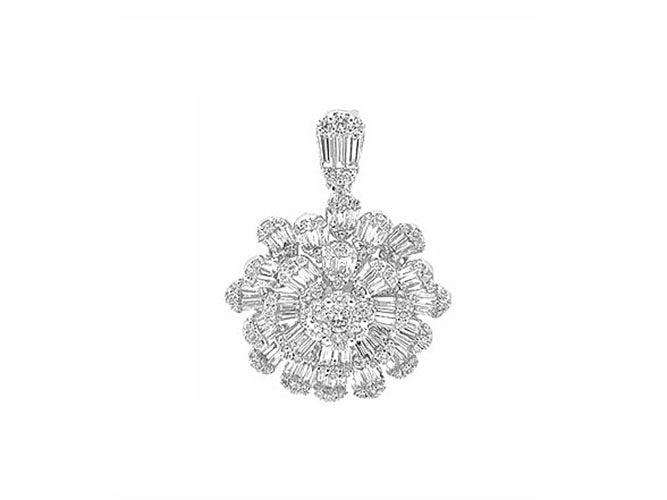 18k white gold baguette cluster sun burst diamond pendant (P56238D)