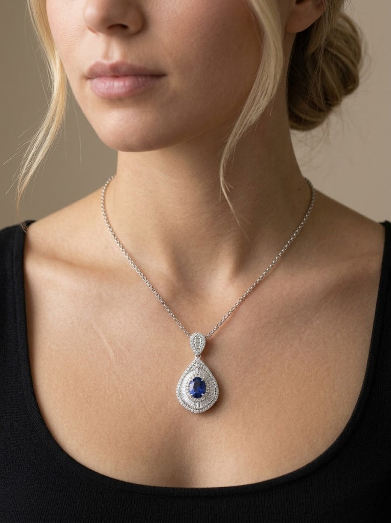 18K White Gold Natural Thai Sapphire & Diamond Pendant (SP06814N)