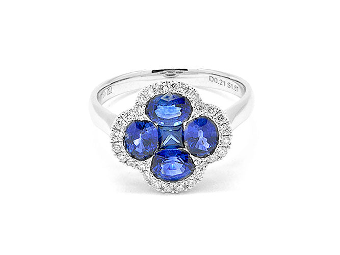 18k white gold sapphire and diamond clover ring (SR01555M)