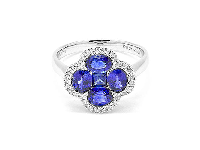18k white gold sapphire and diamond clover ring (SR01555M)