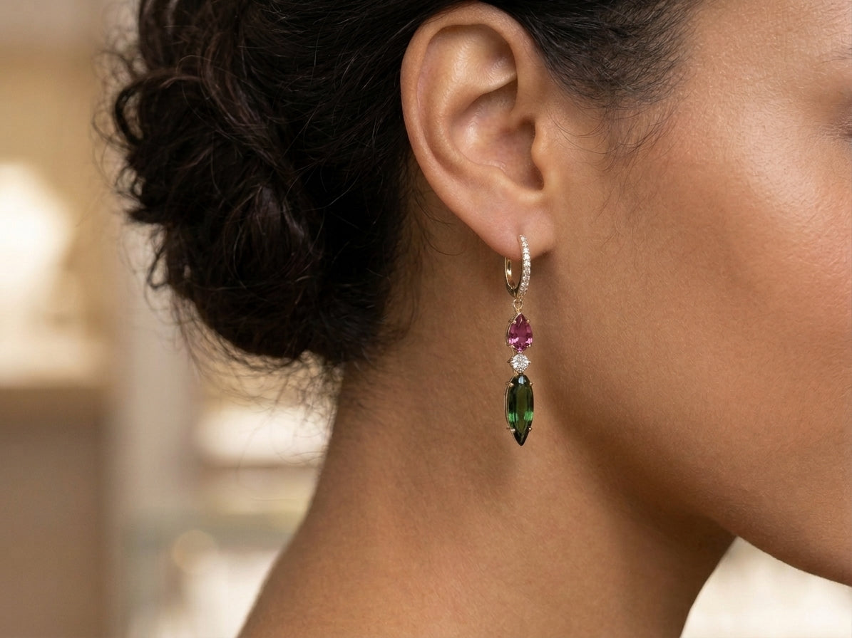 Pink & Green Tourmaline Drop Earrings in 14k Yellow Gold (TOE30538EY)