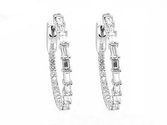 18k white gold baguette and round diamond hoops (DE11445B)
