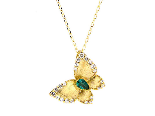 14k yellow gold emerald and diamond butterfly necklace (EN19903QY)