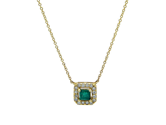 14k yellow gold emerald square halo necklace (EN30534EY)