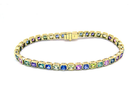 14k yellow gold asscher cut rainbow sapphire bezel set bracelet (MSB30525EY)