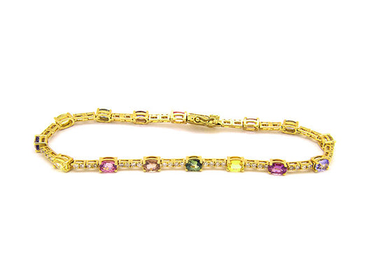 14k yellow gold oval rainbow sapphire and diamond tennis bracelet (MSBKK6PAY)