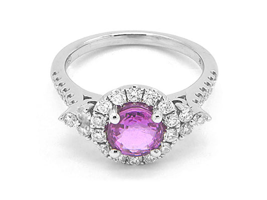 18k white gold pink sapphire halo diamond ring (PSSR18134K)