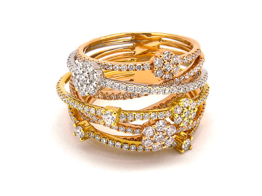 18k three tone gold diamond flowers layering ring (R01727NT)