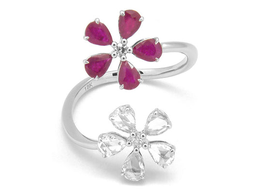 18k white gold double flowers of ruby and diamond ring (RR687PA)