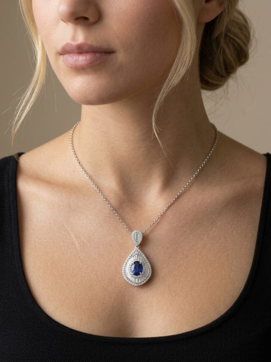 18K White Gold Natural Thai Sapphire & Diamond Pendant (SP06814N)